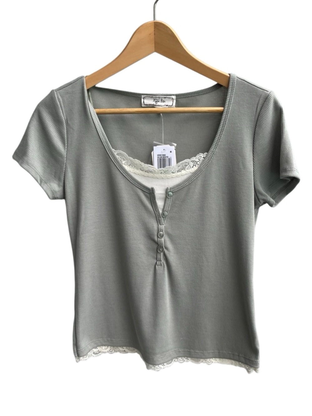 🌴 Hippie Rose Olive Green Ribbed Lace Trim Henley Top NWT Size L